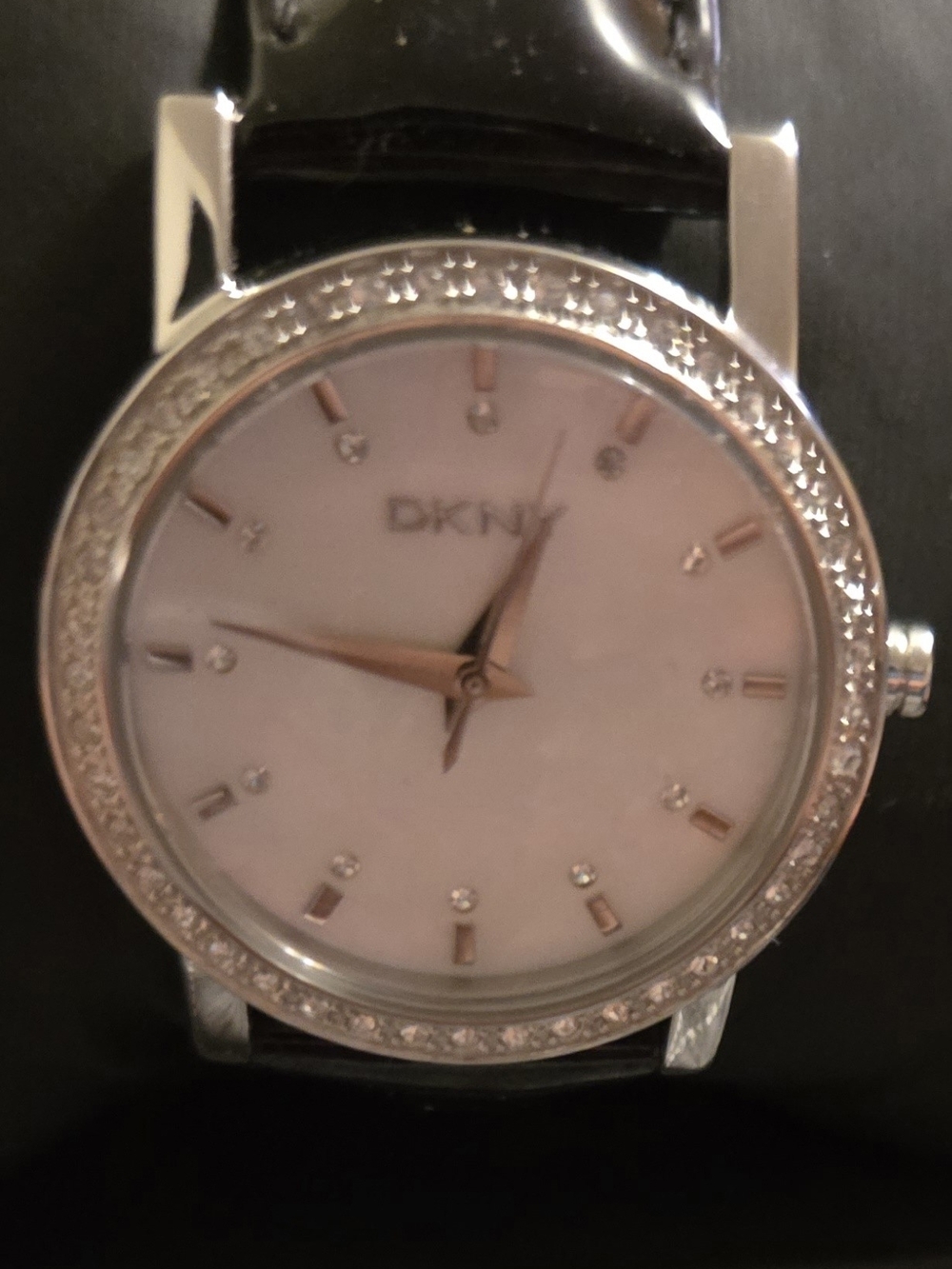 DKNY Silver Crystal Bezel Watch with Mother-of-Pearl Dial